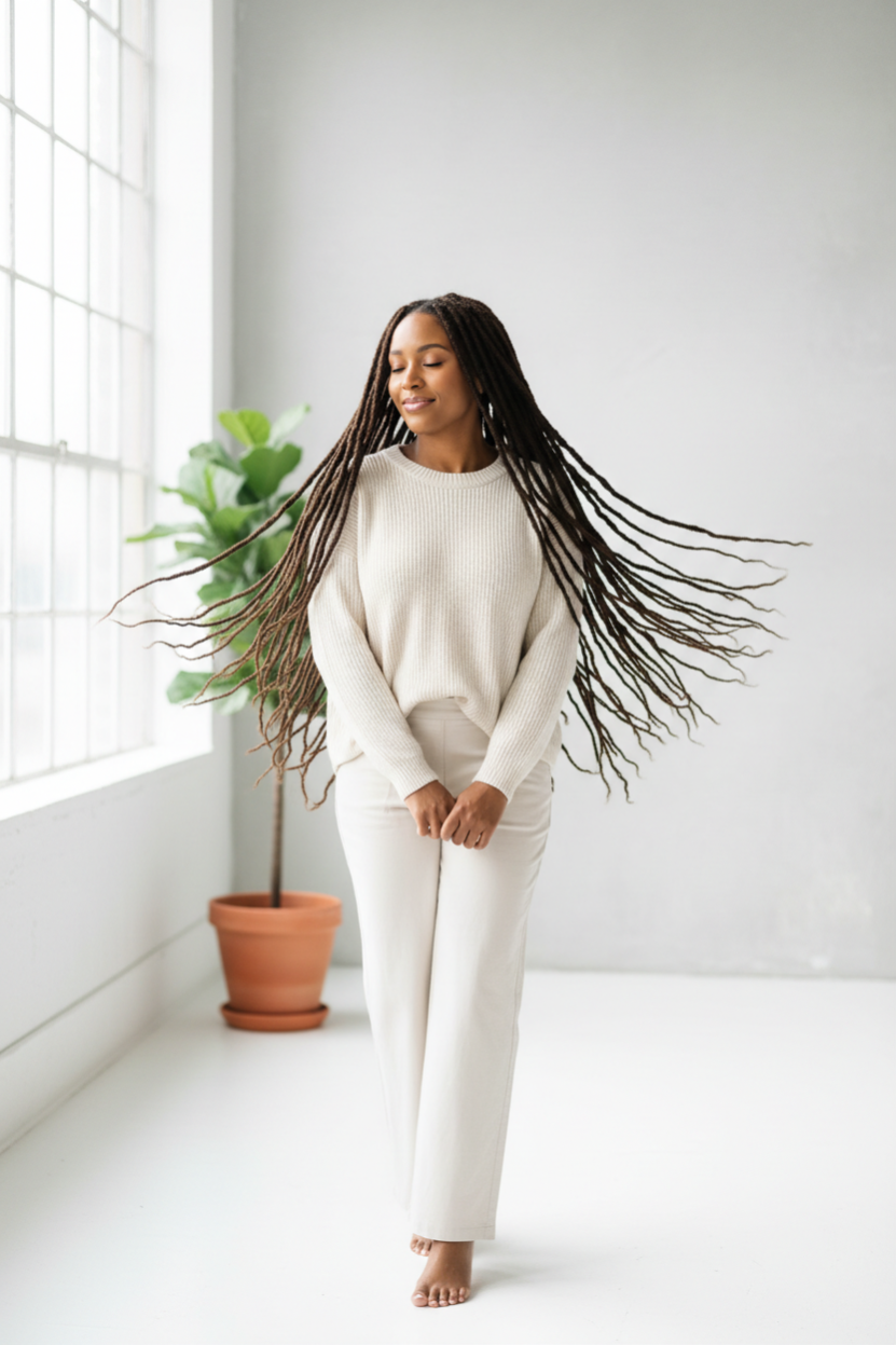 Caramel skin tone, long locs